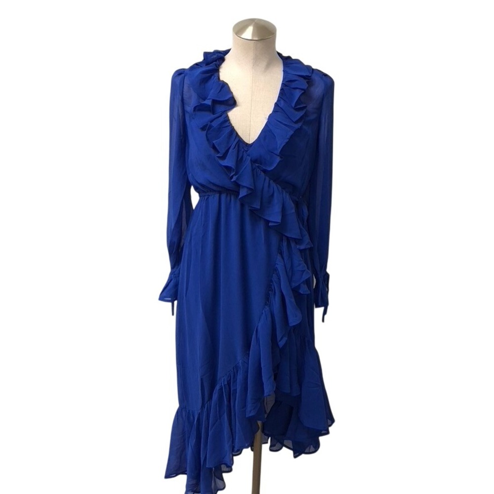 Anthropologie Dress Womens XS Women Blue Ruffle High Low Wrap Midi Long Sleeve